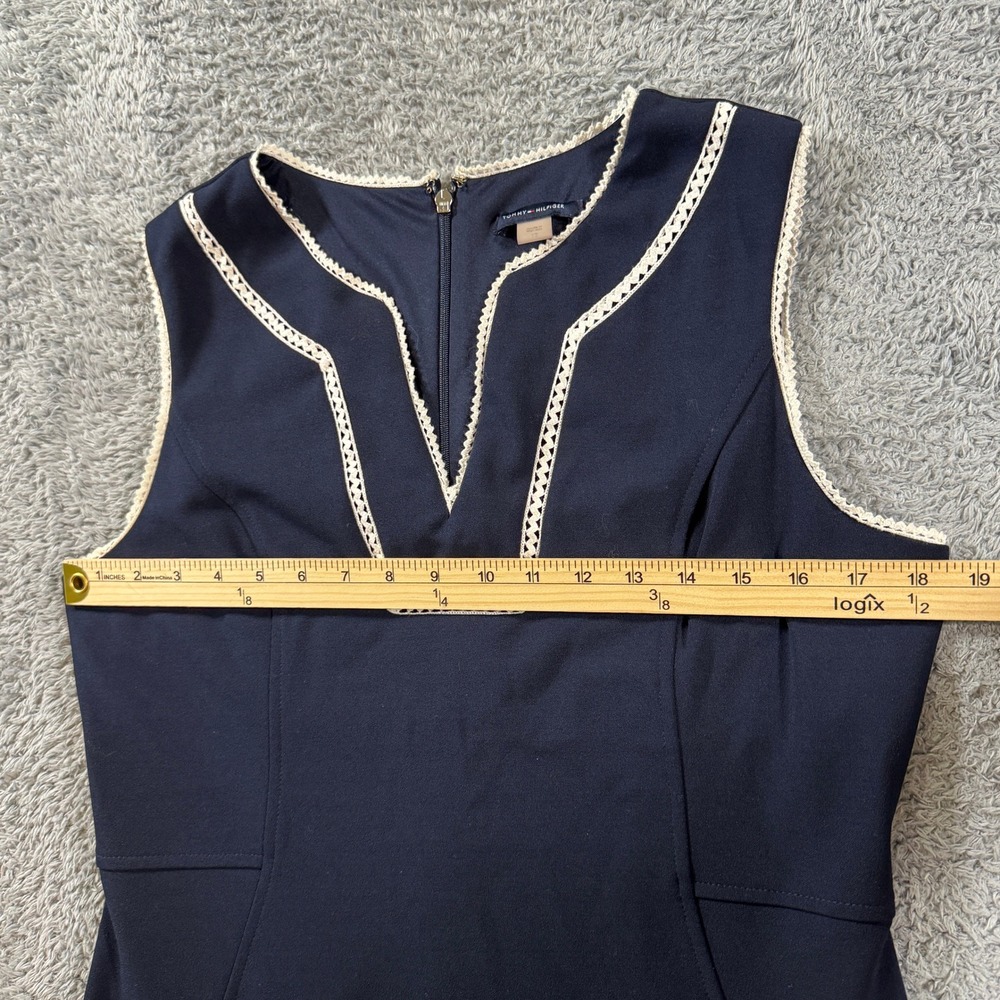 Tommy Hilfiger Sleeveless Sheath Dress 12 Navy Blue Crochet Trim Notched V-Neck - Picture 5 of 7